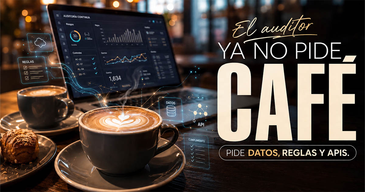 Computador con metricas y café, titulo tu auditor no pedira un café, pedira datos, KPI, metricas